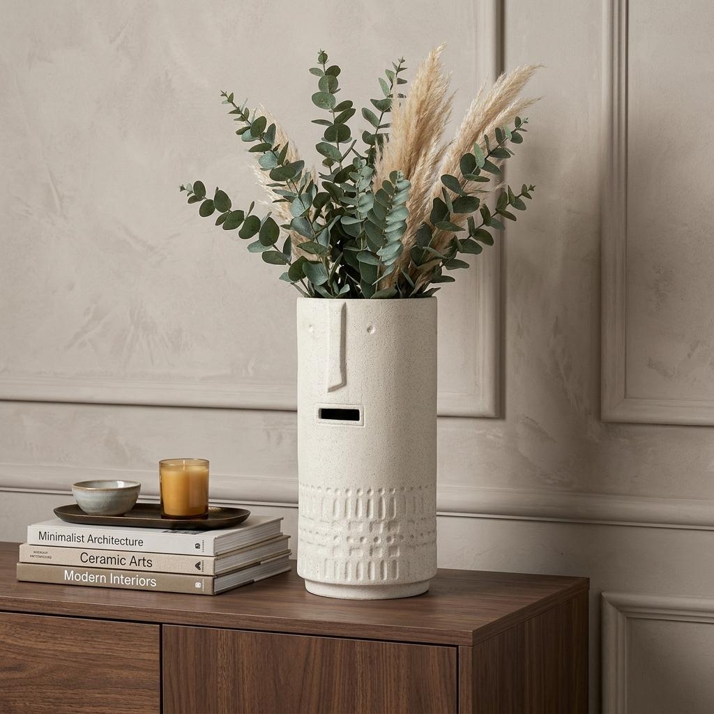 14" White Abstract Cylinder Ceramic Table Vase