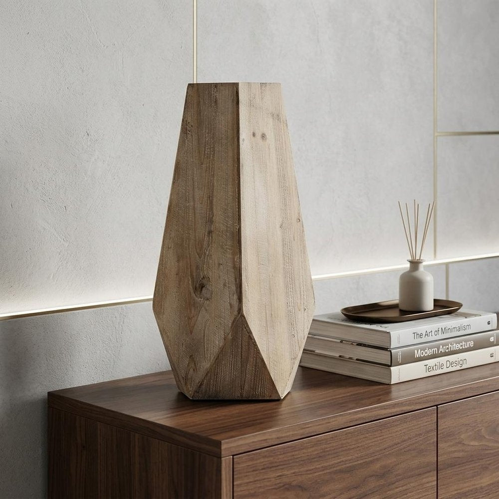 19" Natural Geometric Cylinder Solid Wood Table Vase