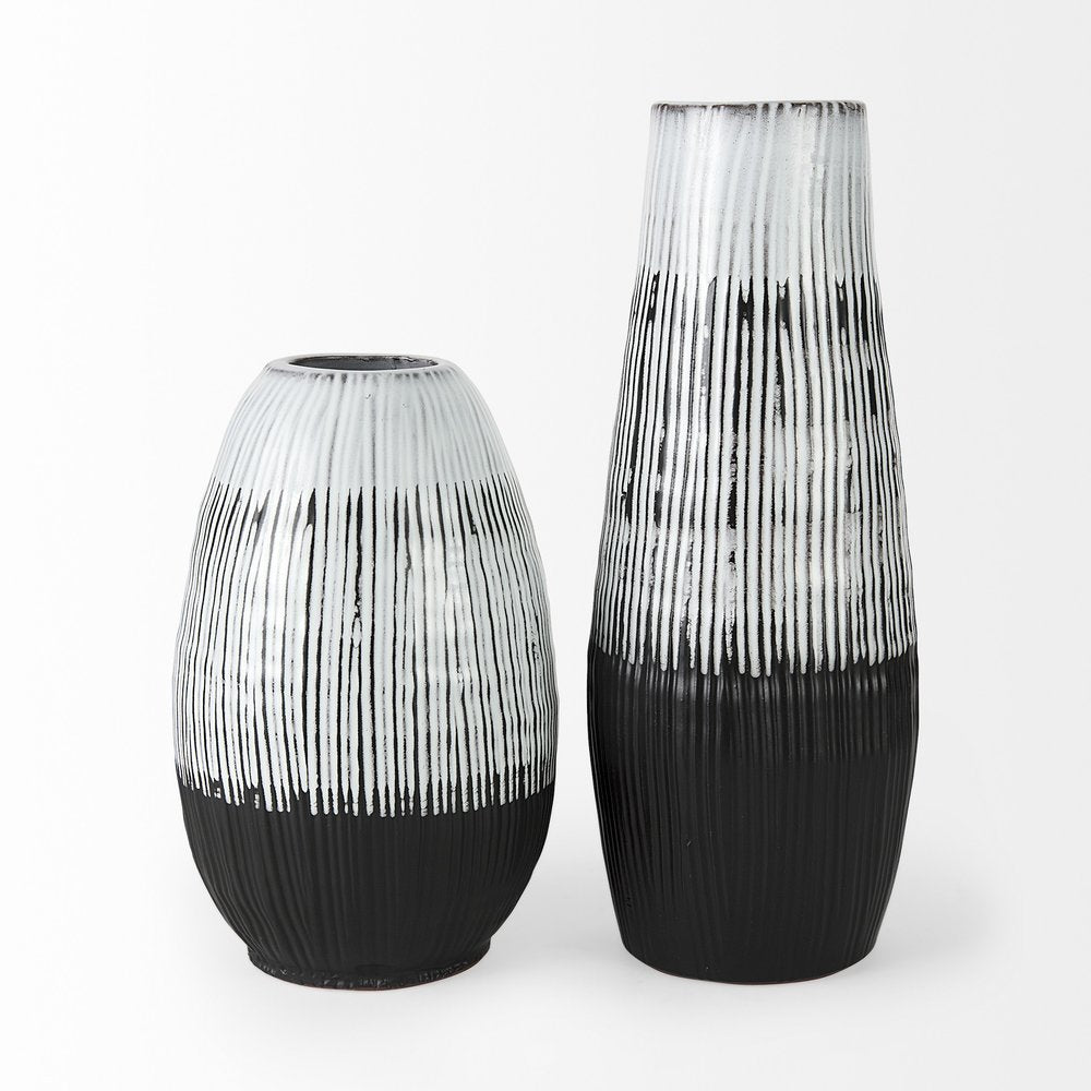 13" Black Gray And White Abstract Cylinder Ceramic Table Vase