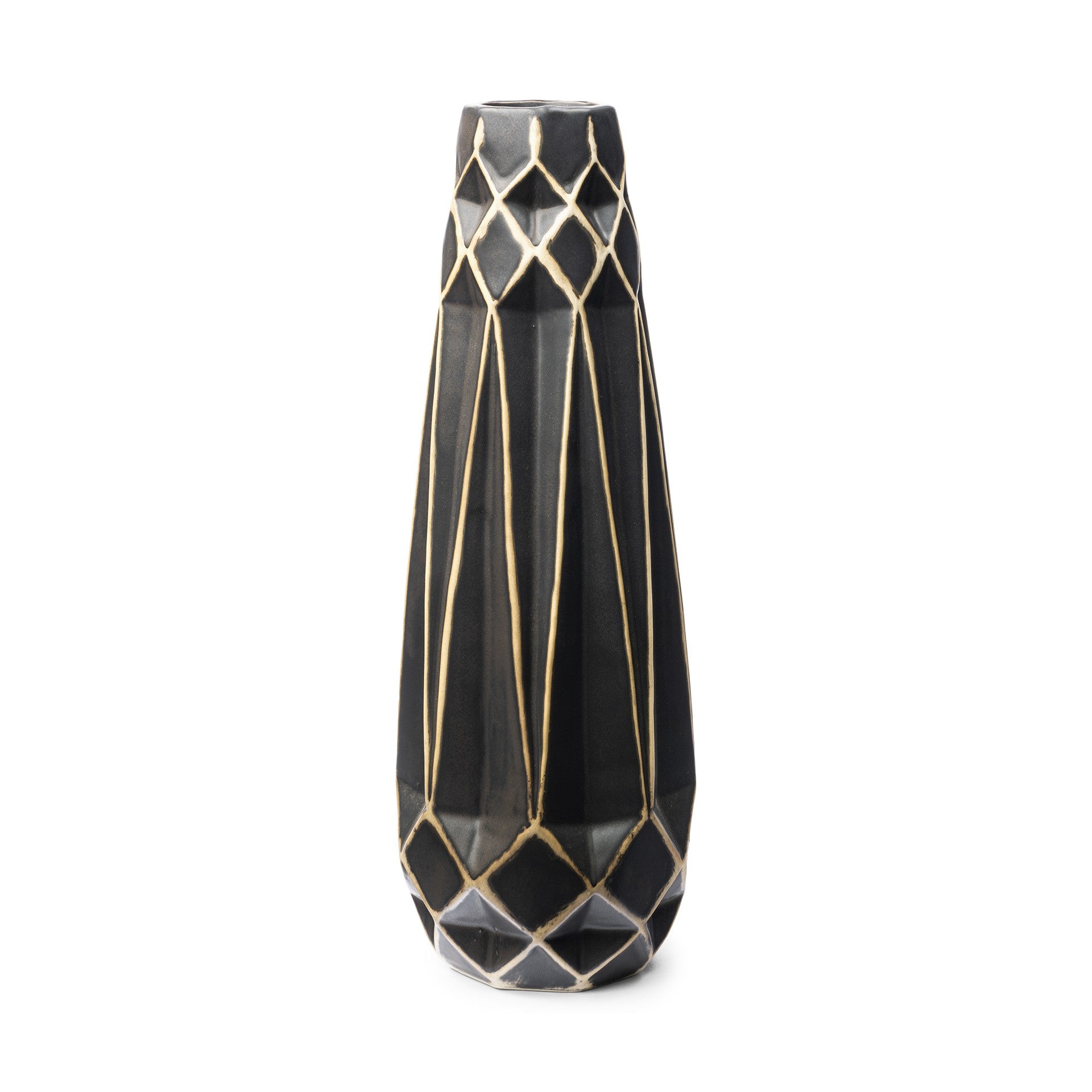 18" Ceramic Black and Gold Abstract Cylinder Table Vase