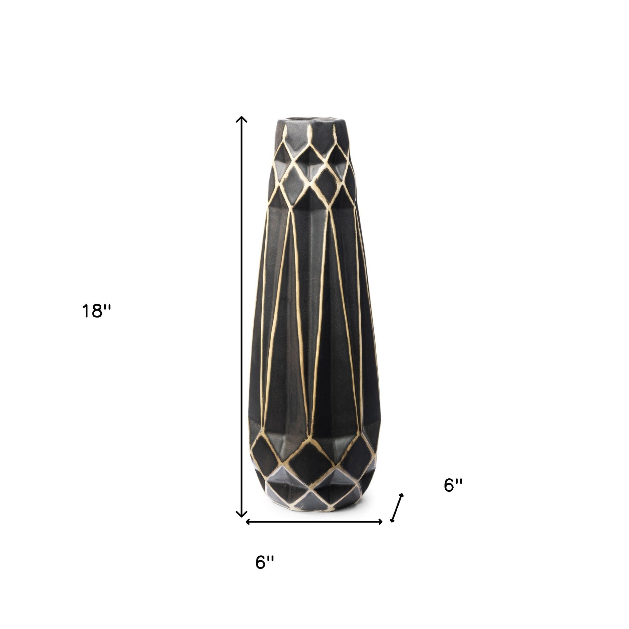 18" Ceramic Black and Gold Abstract Cylinder Table Vase