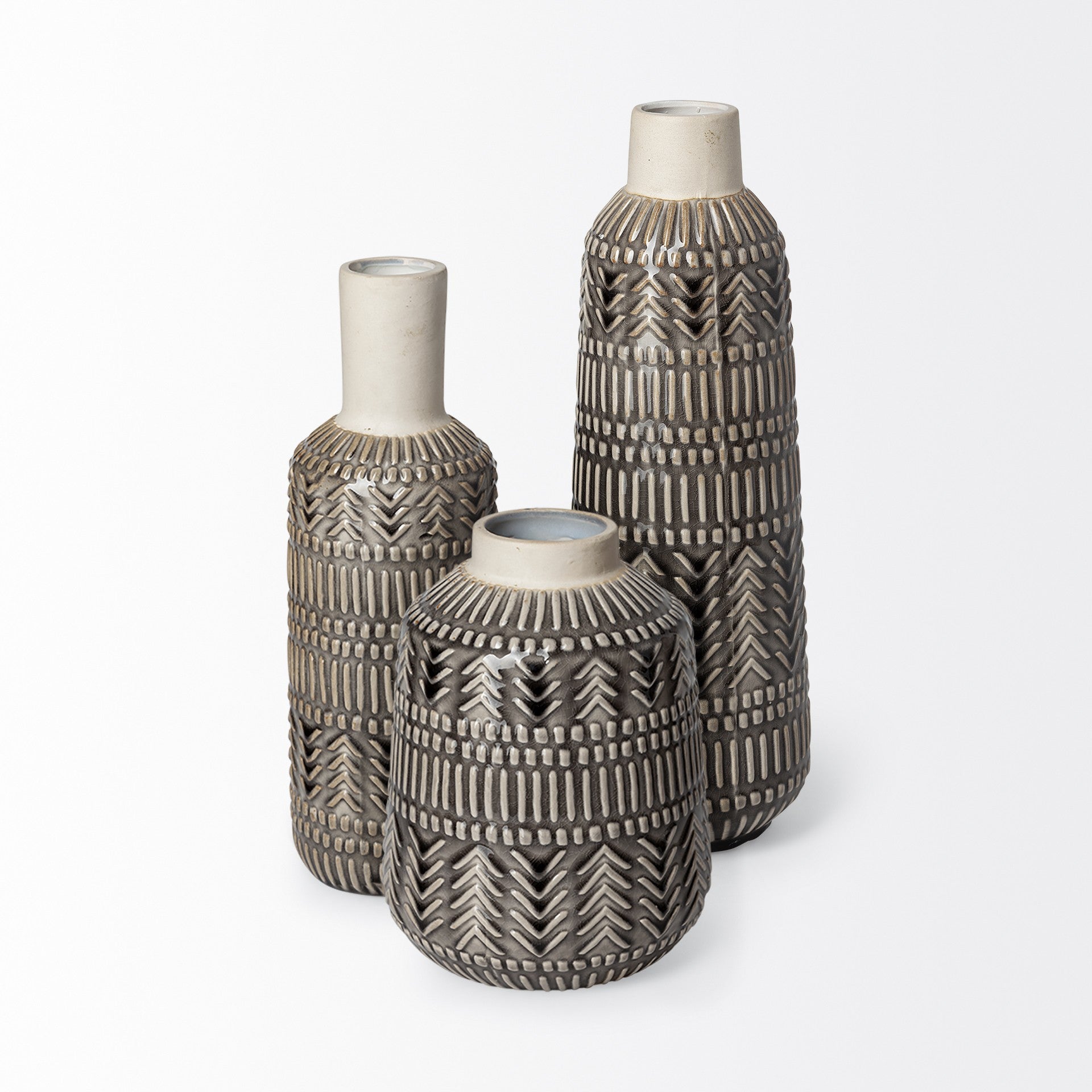8" Black and Cream Organic Glaze Chevron Embossed Ceramic Vase