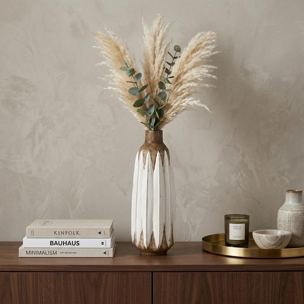 14" Brown And White Abstract Cylinder Ceramic Table Vase