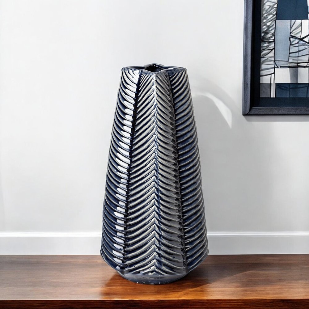 16" Navy Blue And White Abstract Ceramic Table Vase