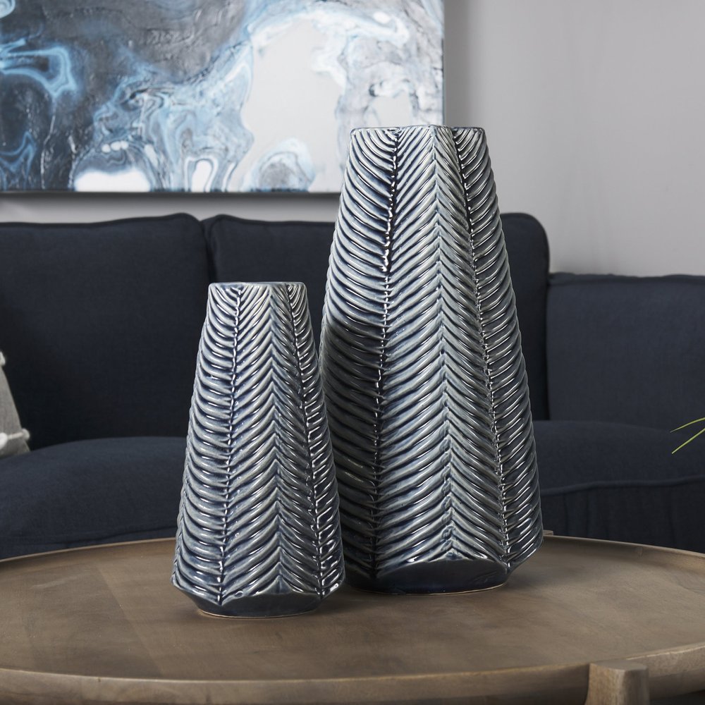 16" Navy Blue And White Abstract Ceramic Table Vase