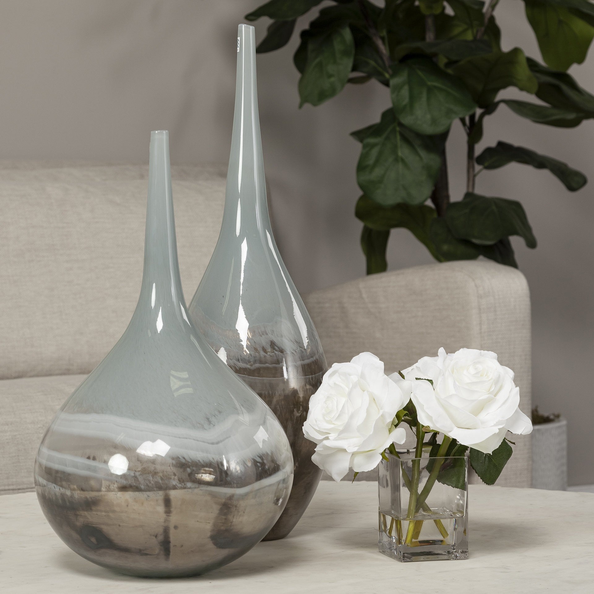 17" Blue Gray and Taupe Handblown Spun Glass Vase