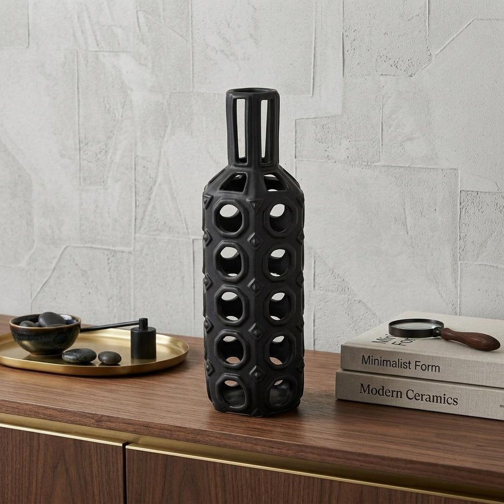 12" Black Ceramic Pierced Geometric Cylinder Table Vase