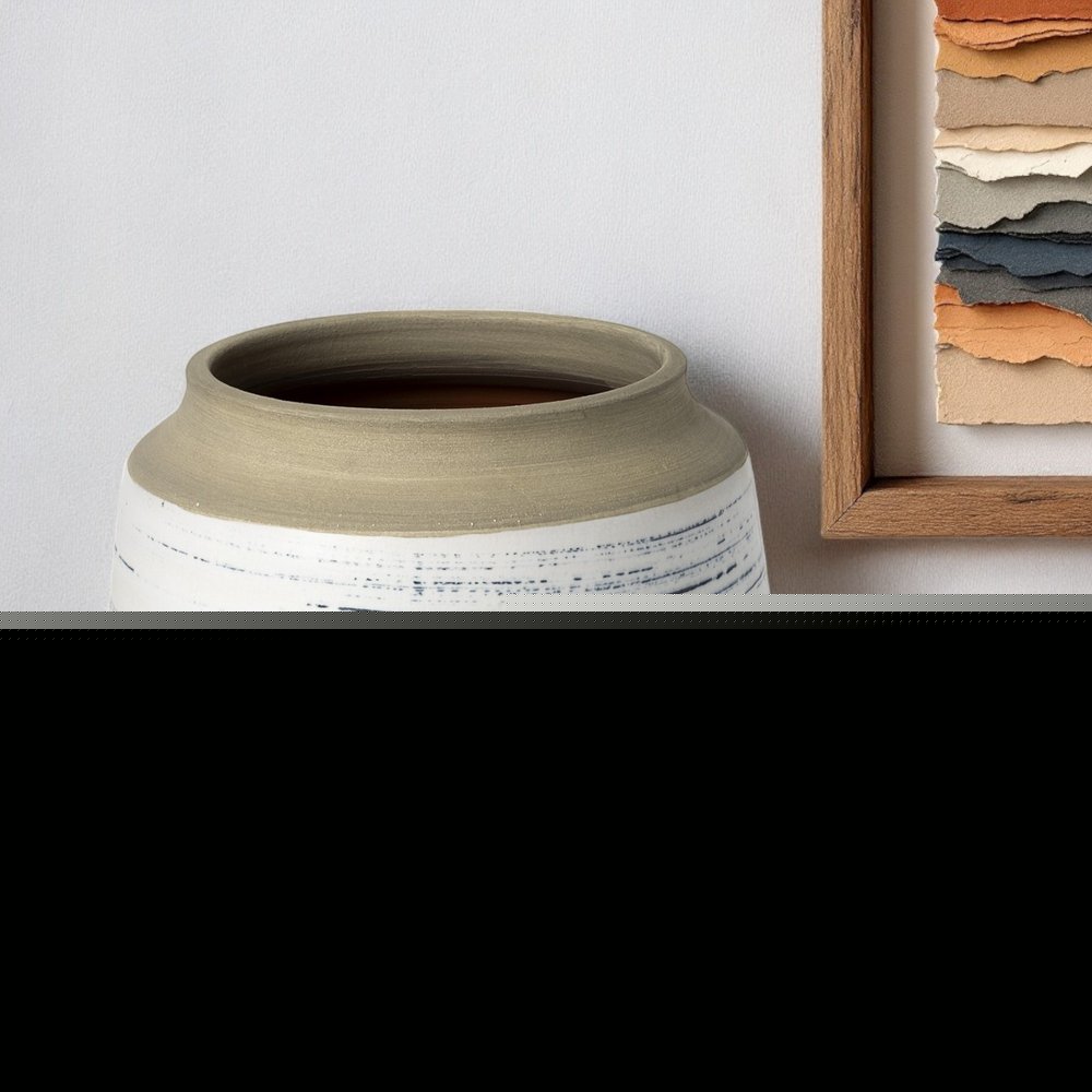 9" White Blue and Sand Abstract Cylinder Ceramic Table Vase