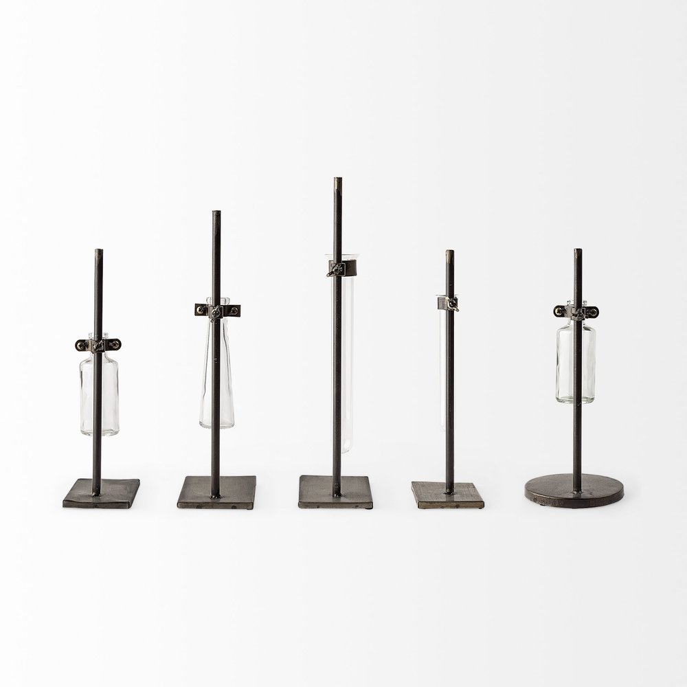 Set of Two Dark Brown Abstract Metal Cylinder Table Vases