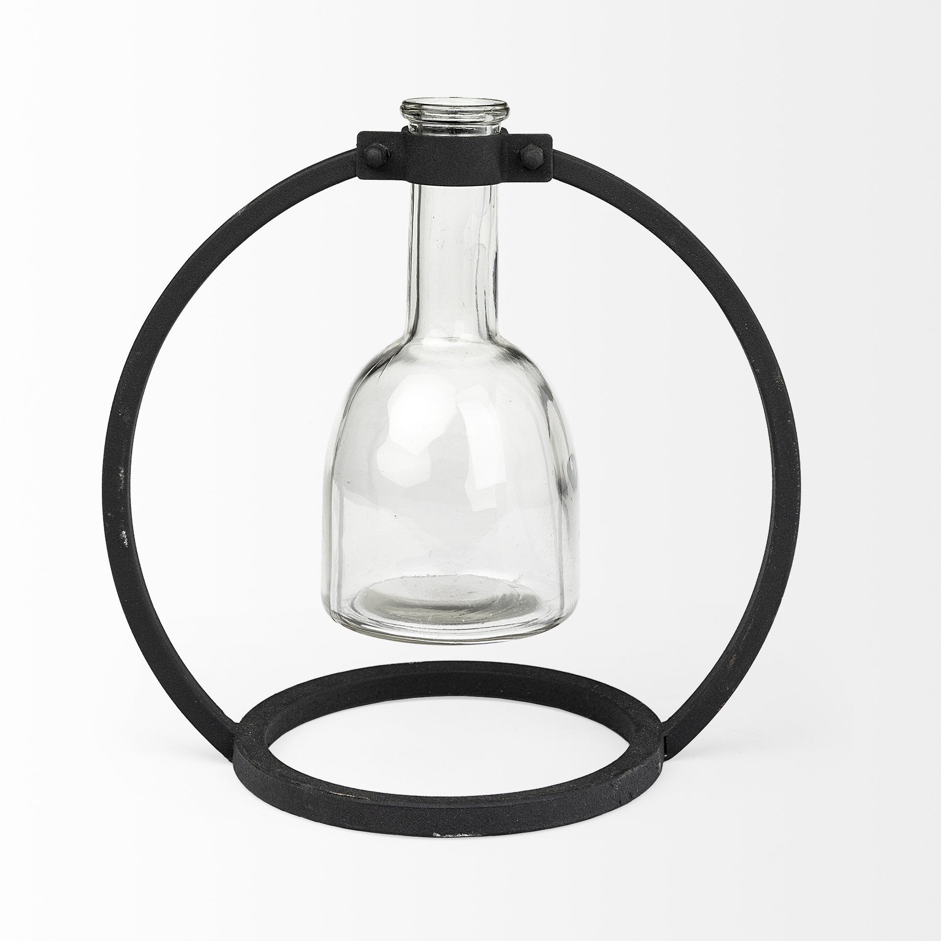 Modern Industrial Black Round Metal and Glass Vase