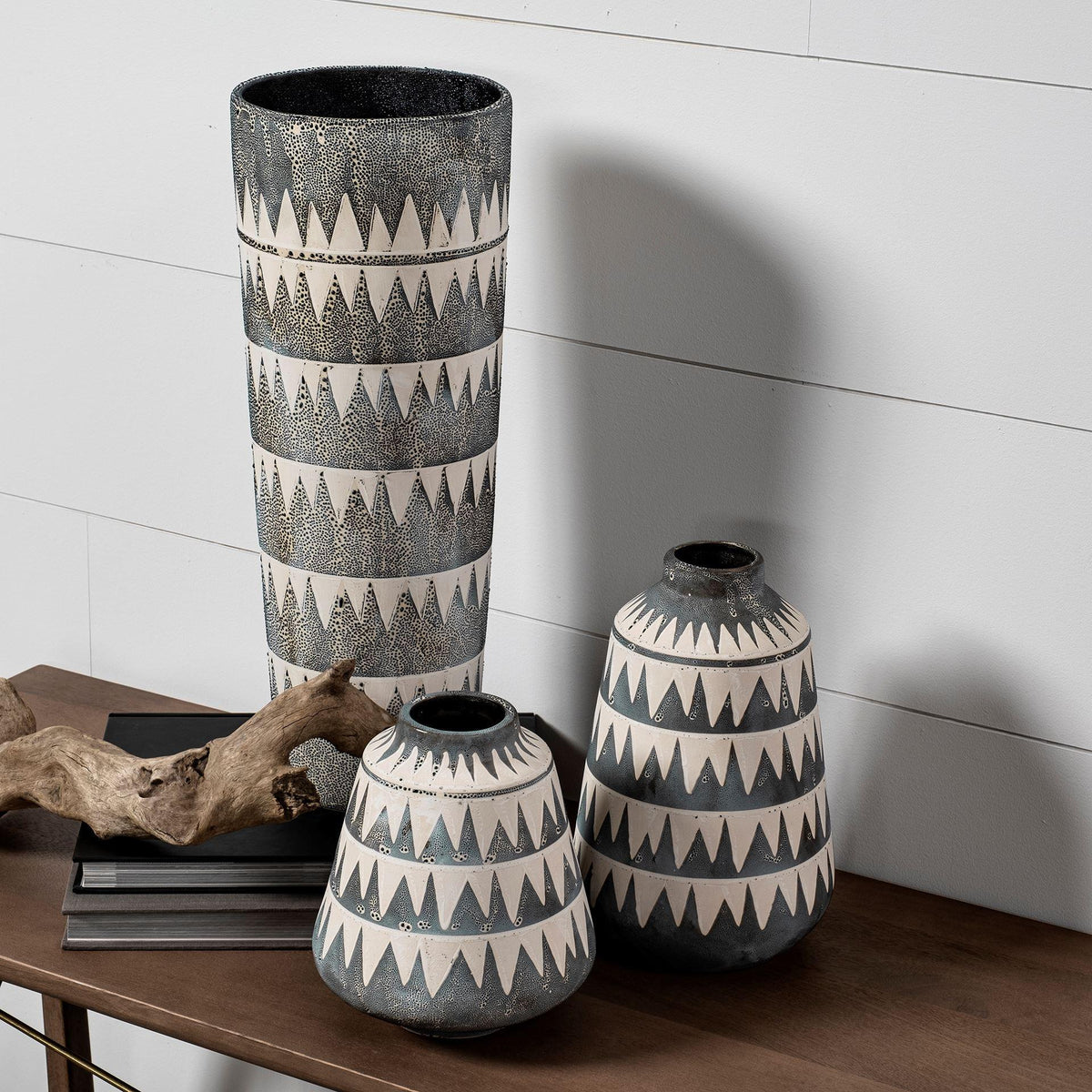 10" Gray And Ivory Geometric Cylinder Ceramic Table Vase