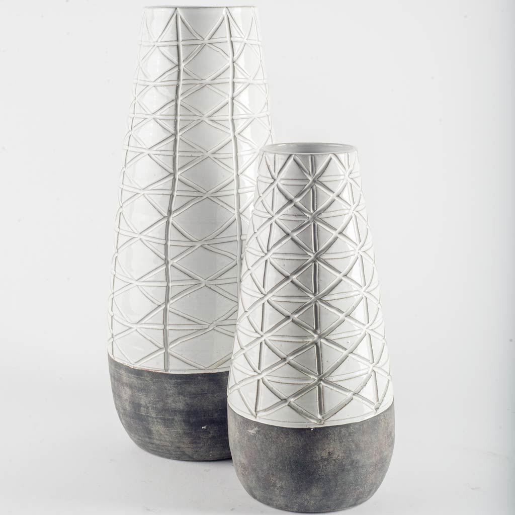 Textured White over Dark Clay Carved Ceramic Vase