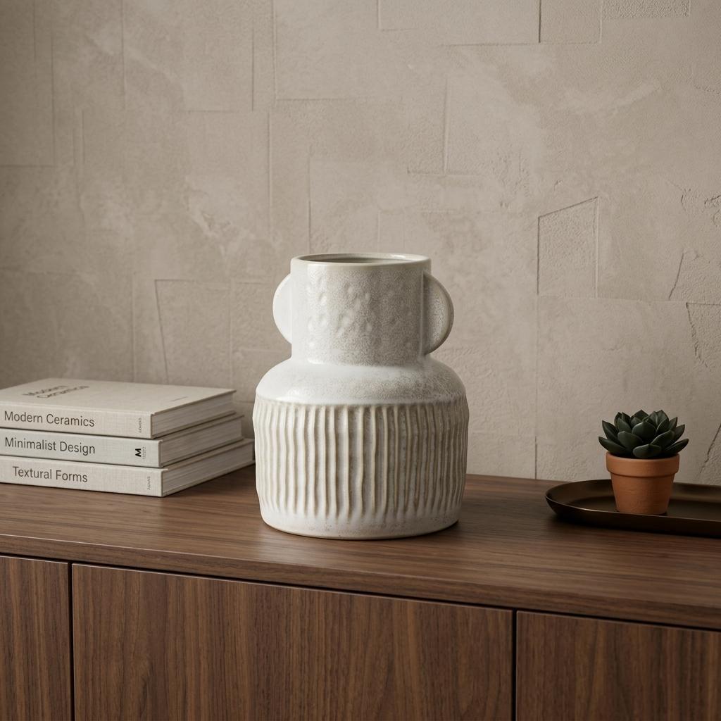 8" Whitewash Handled Textured Ceramic Vase