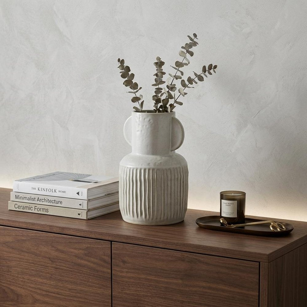 12" White Ribbed Ceramic Cylinder Table Vase