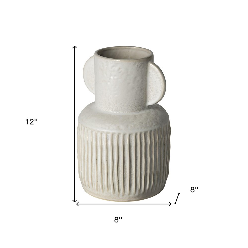 12" White Ribbed Ceramic Cylinder Table Vase