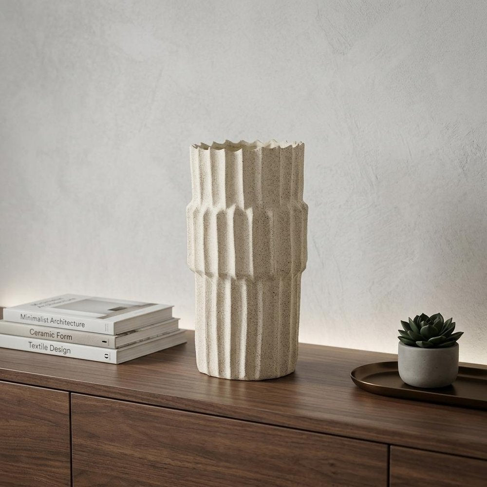 14" Sand Ceramic Cylinder Table Vase