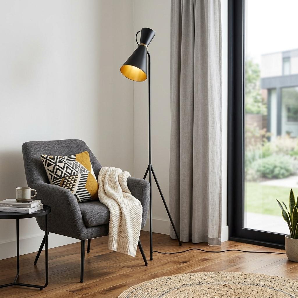 58" Black Metal Tripod Floor Lamp With Black And Gold Metal Cone Shade