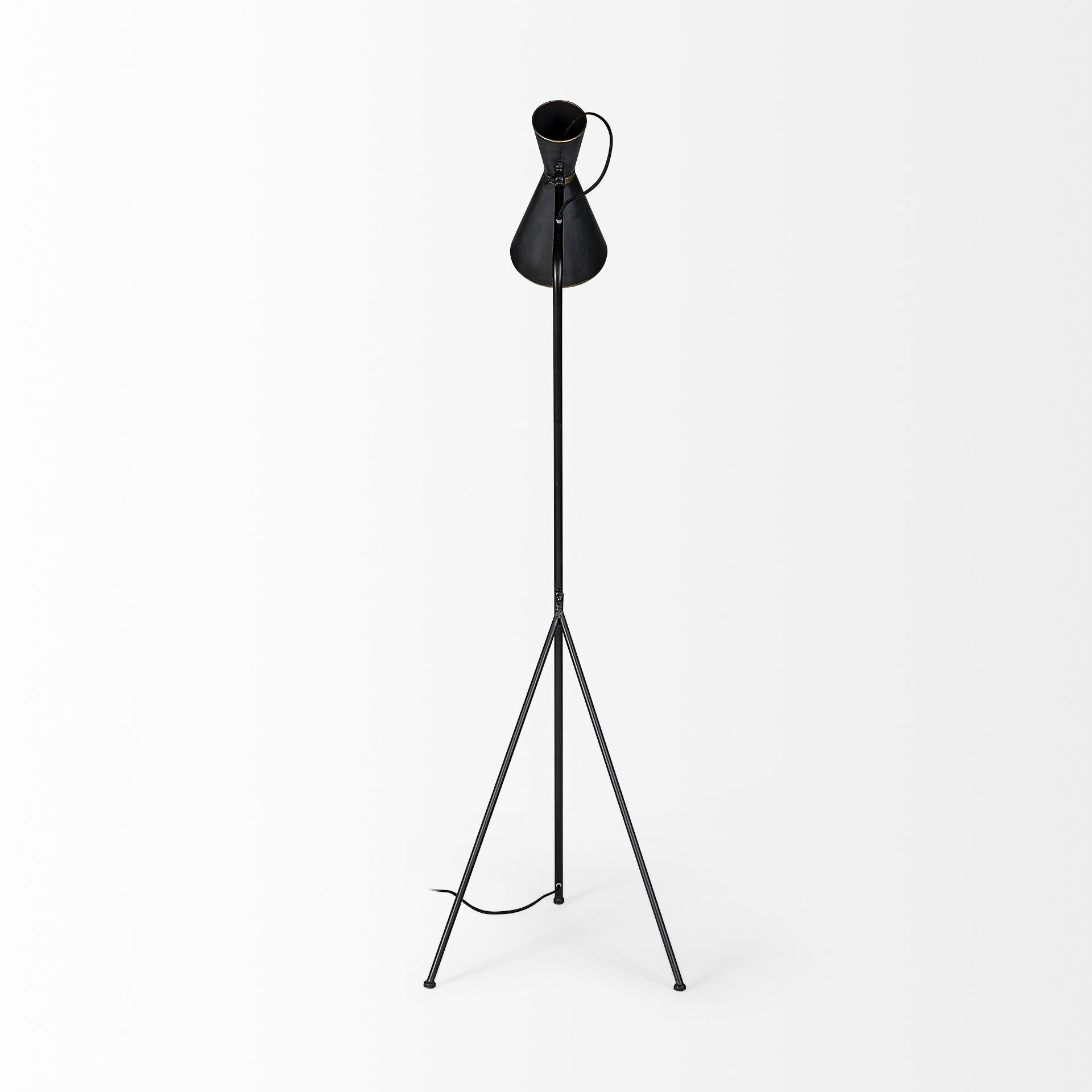 58" Black Metal Tripod Floor Lamp With Black And Gold Metal Cone Shade