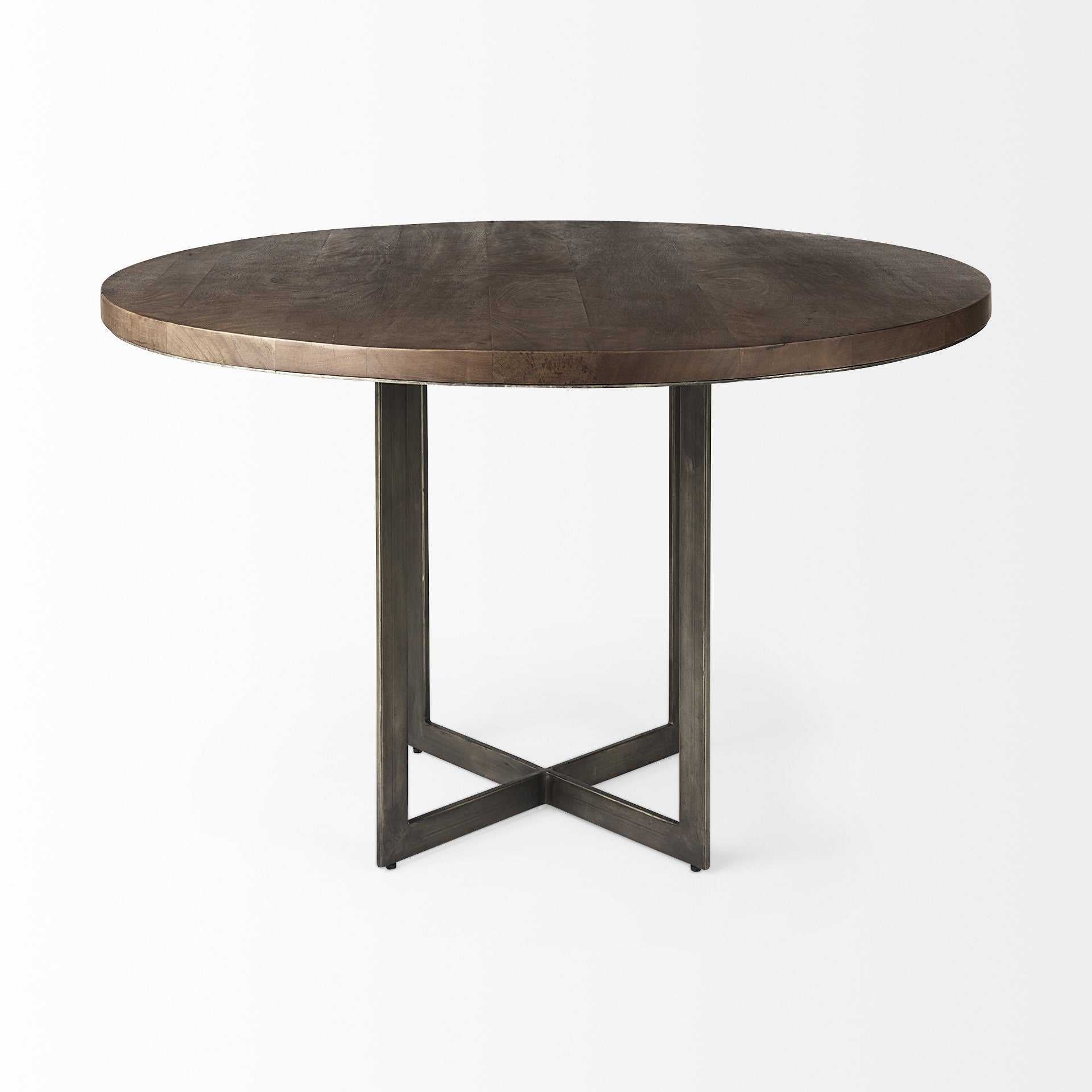 Rustic Brown Round Wood and Metal Dining Table