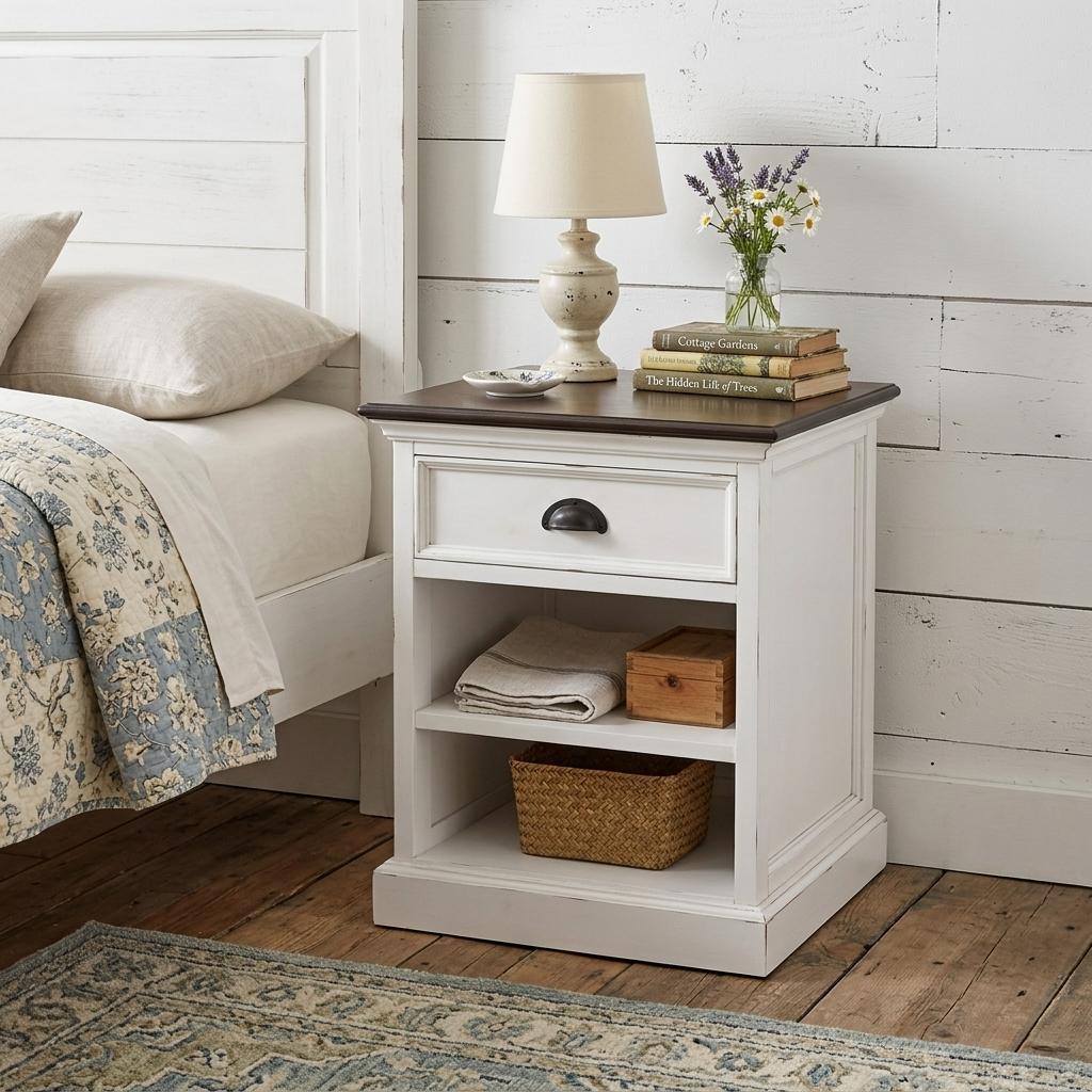 Distressed White and Deep Brown Nightstand With Shelves