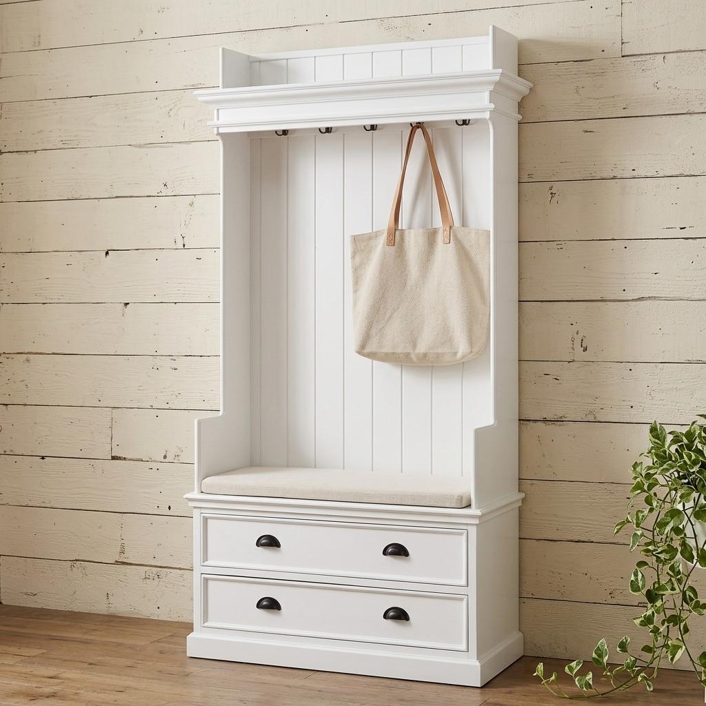 Classic White Entryway Coat Rack and Bench with Drawers