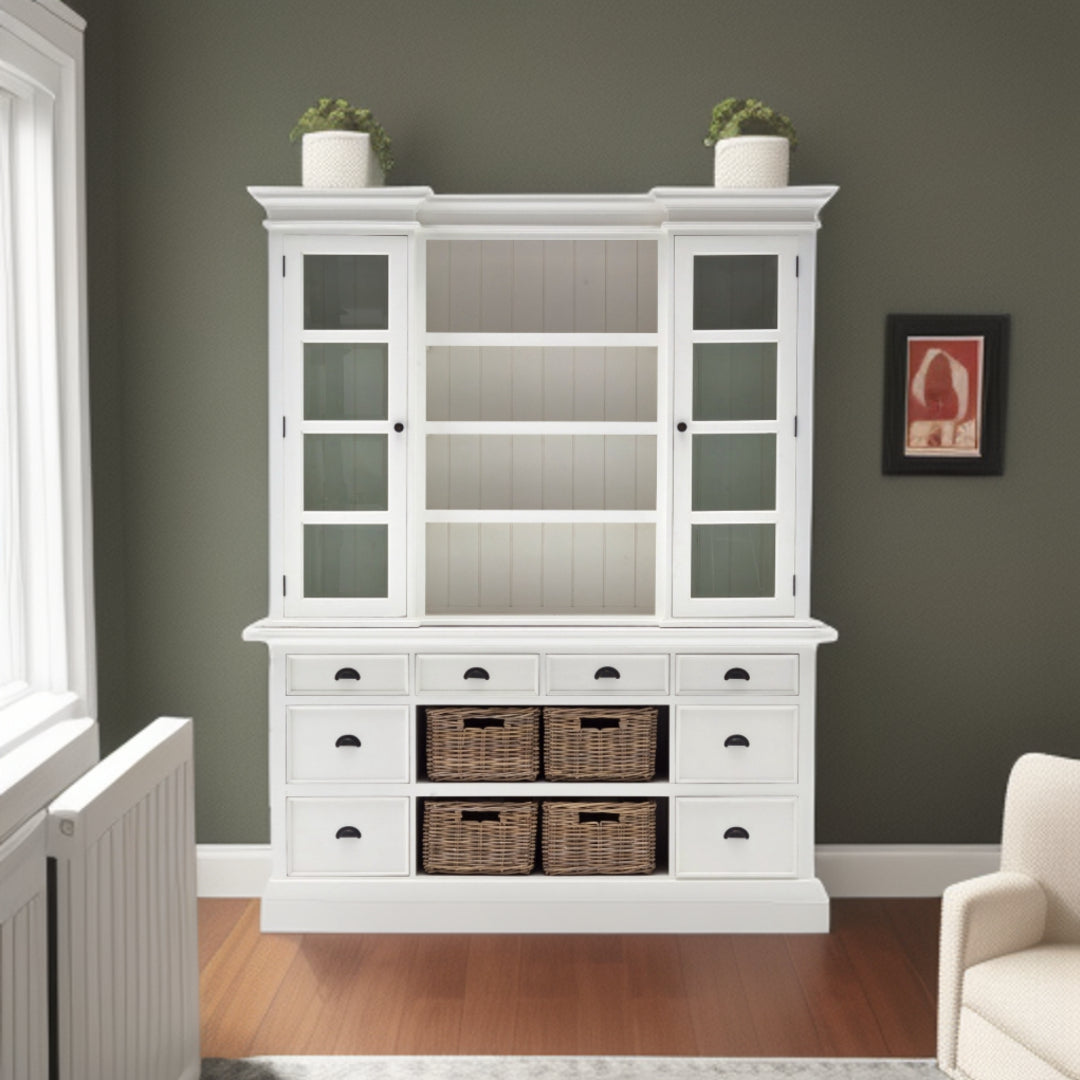 87" White Wood Bookcase with Glass Doors Drawers and Baskets