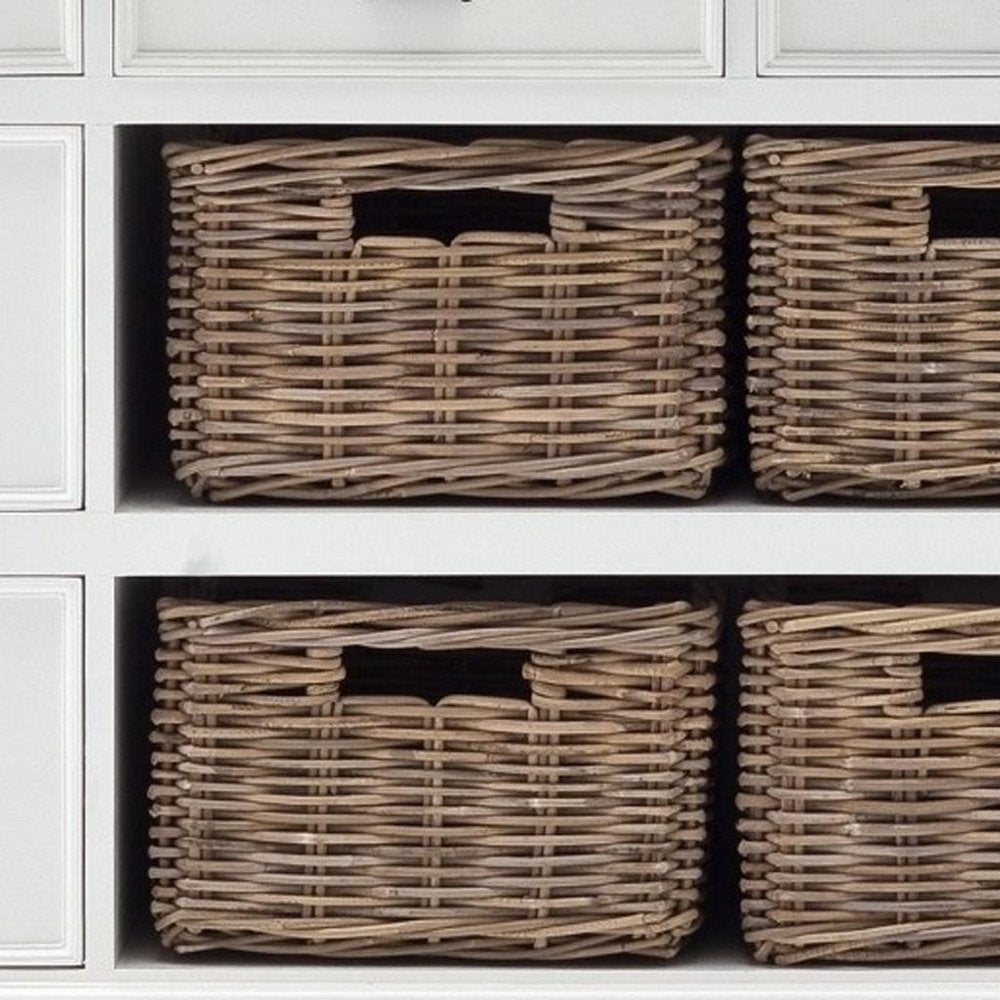 87" White Wood Bookcase with Glass Doors Drawers and Baskets