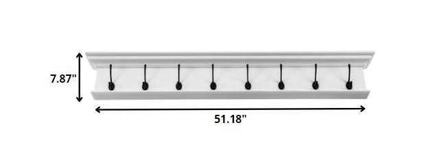 51" White Solid Wood Eight Hook Wall Mount Coat Rack