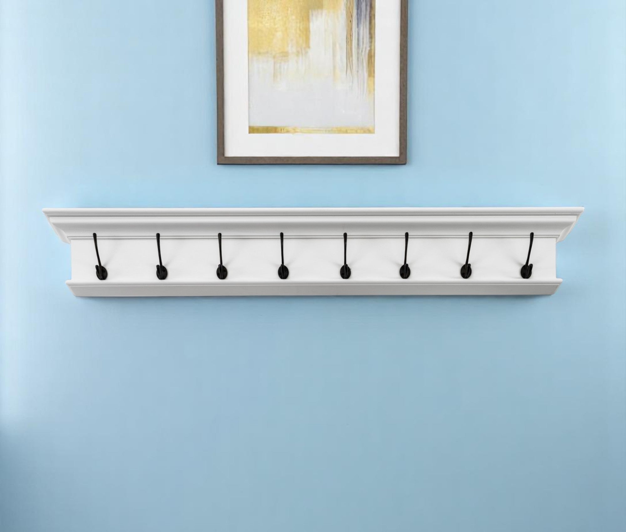 51" White Solid Wood Eight Hook Wall Mount Coat Rack