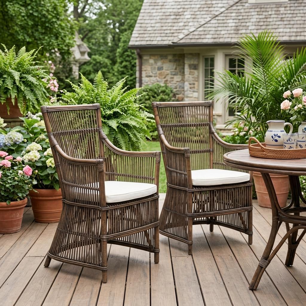 Set of Two Cream Rattan Outdoor Arm Chairs