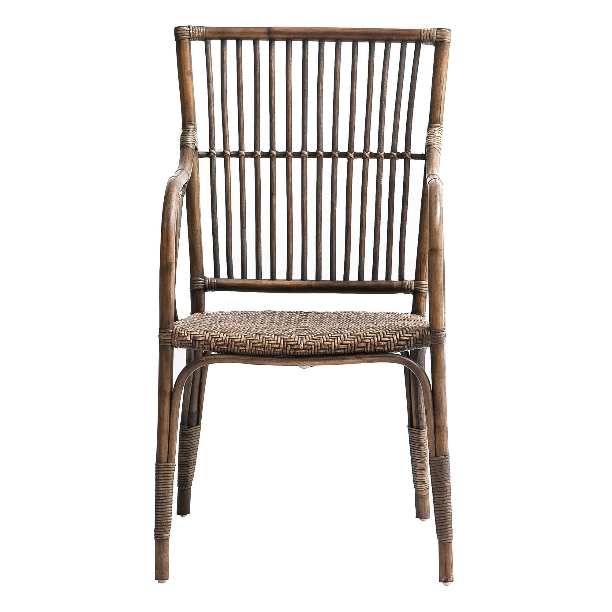 Set of Two Natural Rattan Slat Back Dining Arm Chairs