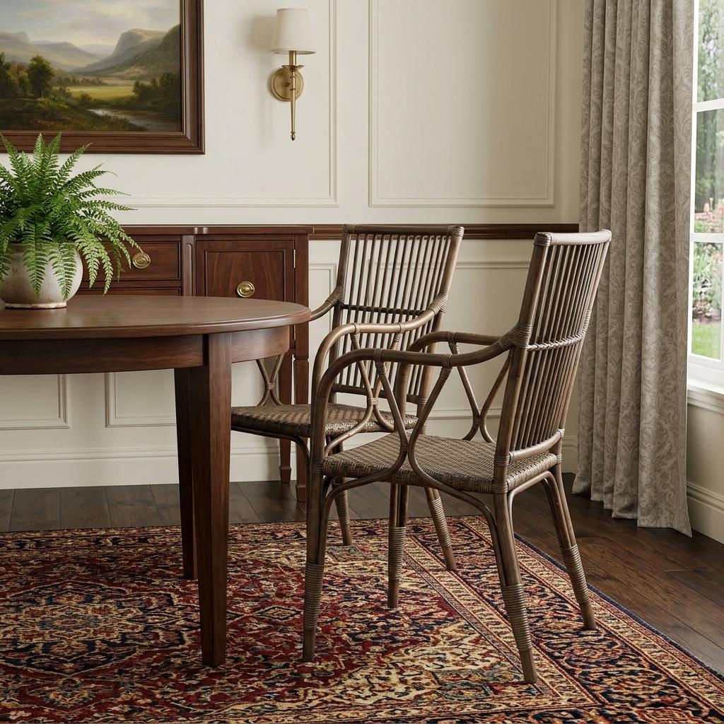Set of Two Natural Rattan Slat Back Dining Arm Chairs