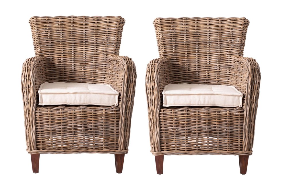 Set of Two Cream And Natural Woven Rattan Outdoor Dining Chairs with Cream Cushion