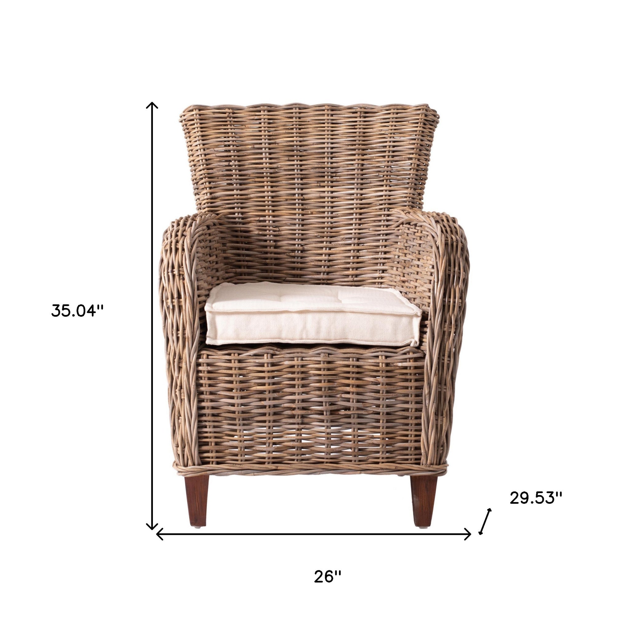 Set of Two Cream And Natural Woven Rattan Outdoor Dining Chairs with Cream Cushion