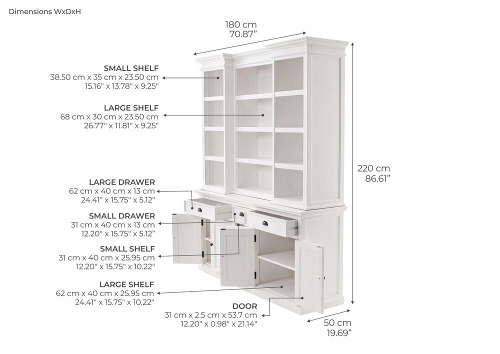 71" White Dining Hutch With Twelve Shelves And Three Drawers