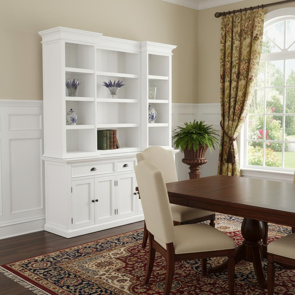 71" White Dining Hutch With Twelve Shelves And Three Drawers