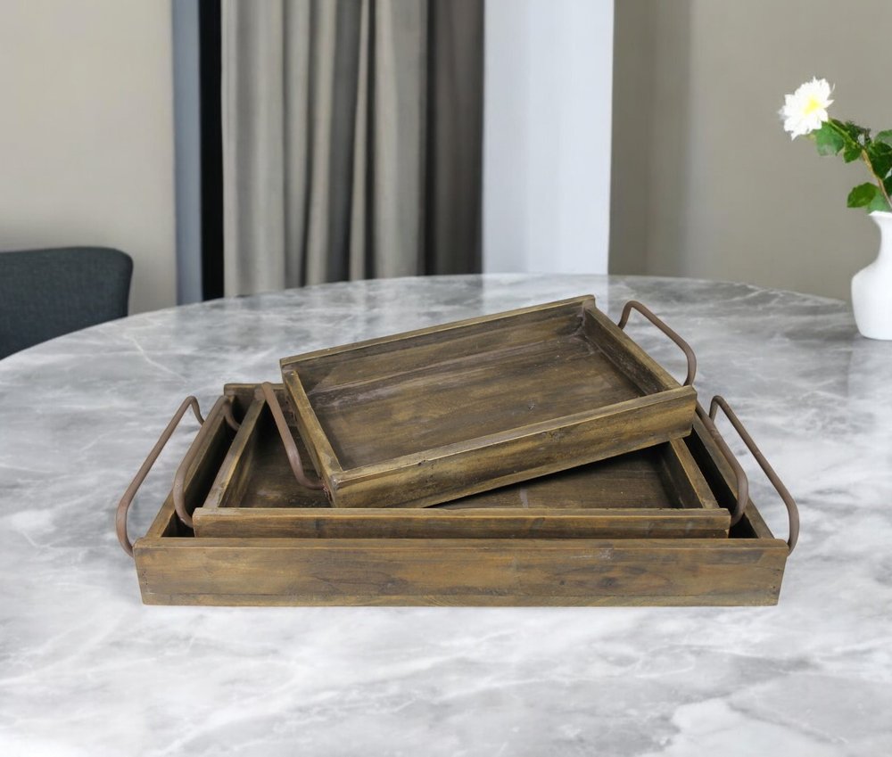 Set of Three Dark Brown Wood Trays With Handles