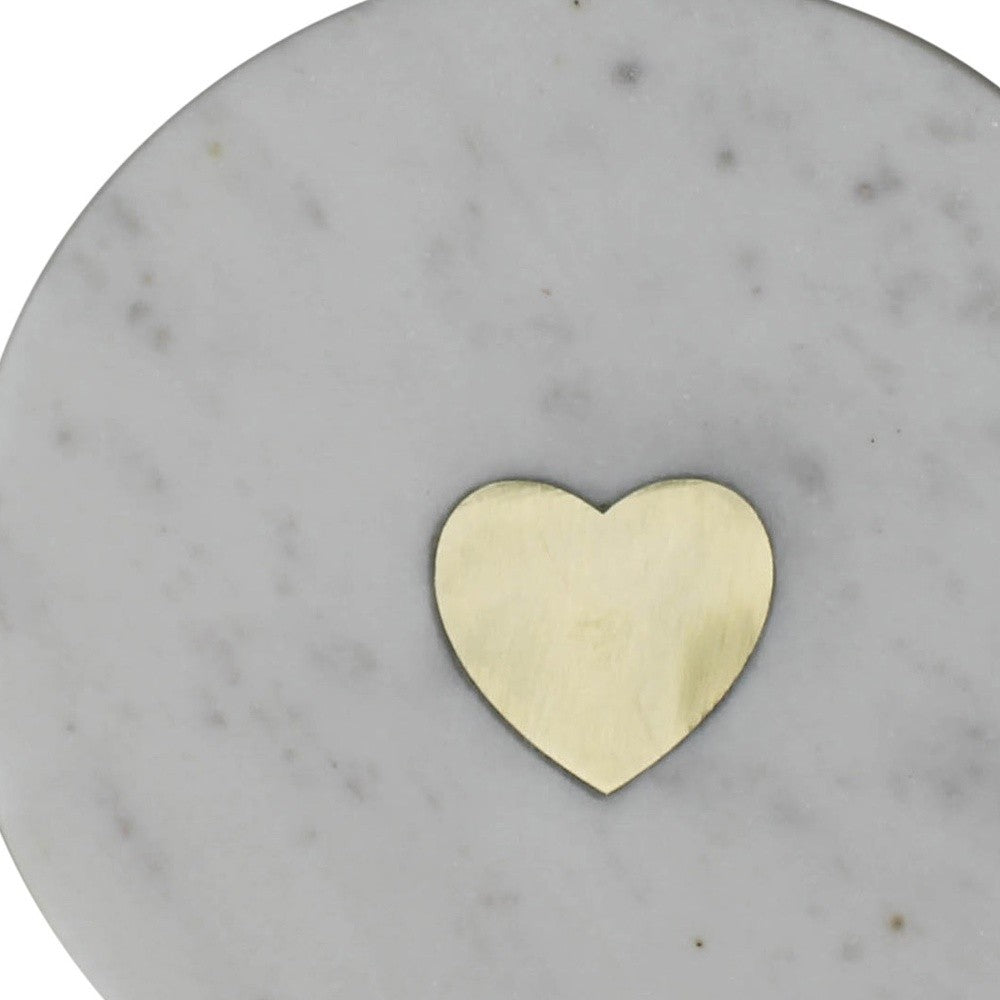 6" White and Gold Heart Inlay Round Marble Serve Board