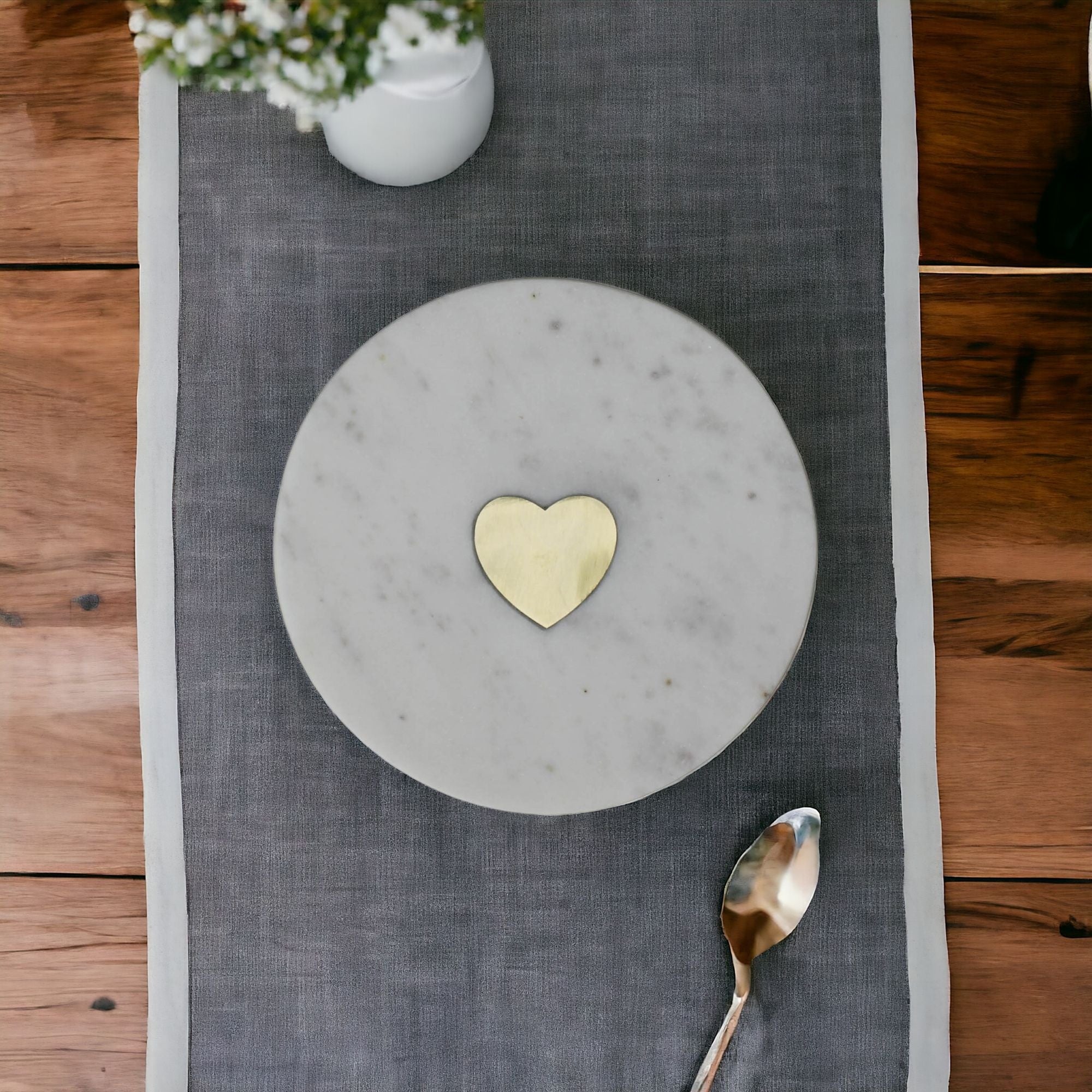 6" White and Gold Heart Inlay Round Marble Serve Board