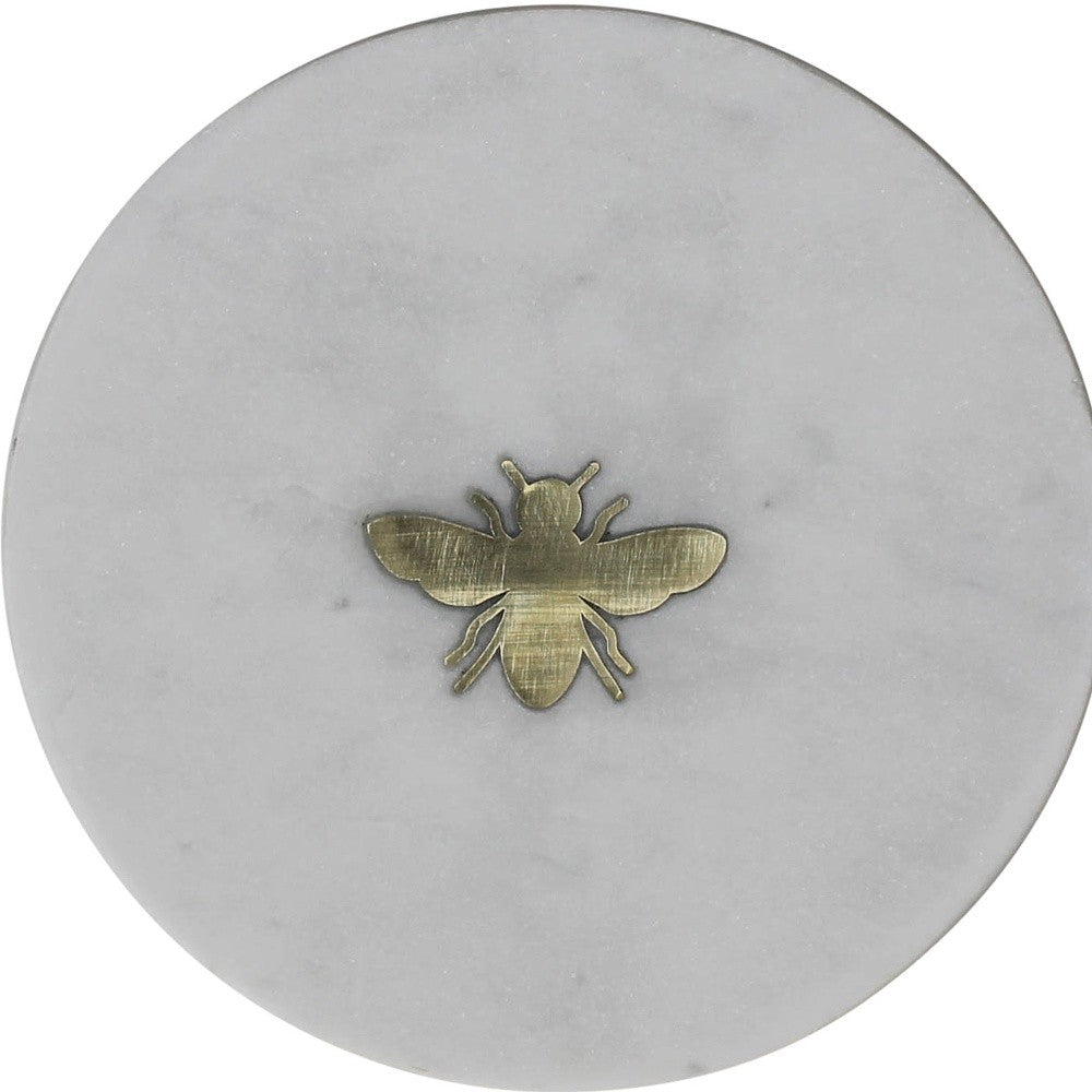 6" White And Gold Bumble Bee Inlaid Marble Serving Tray