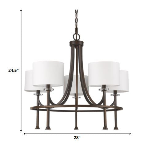 Brown Candle Style Five Light Metal and Crystals Dimmable Chandelier With White Shades