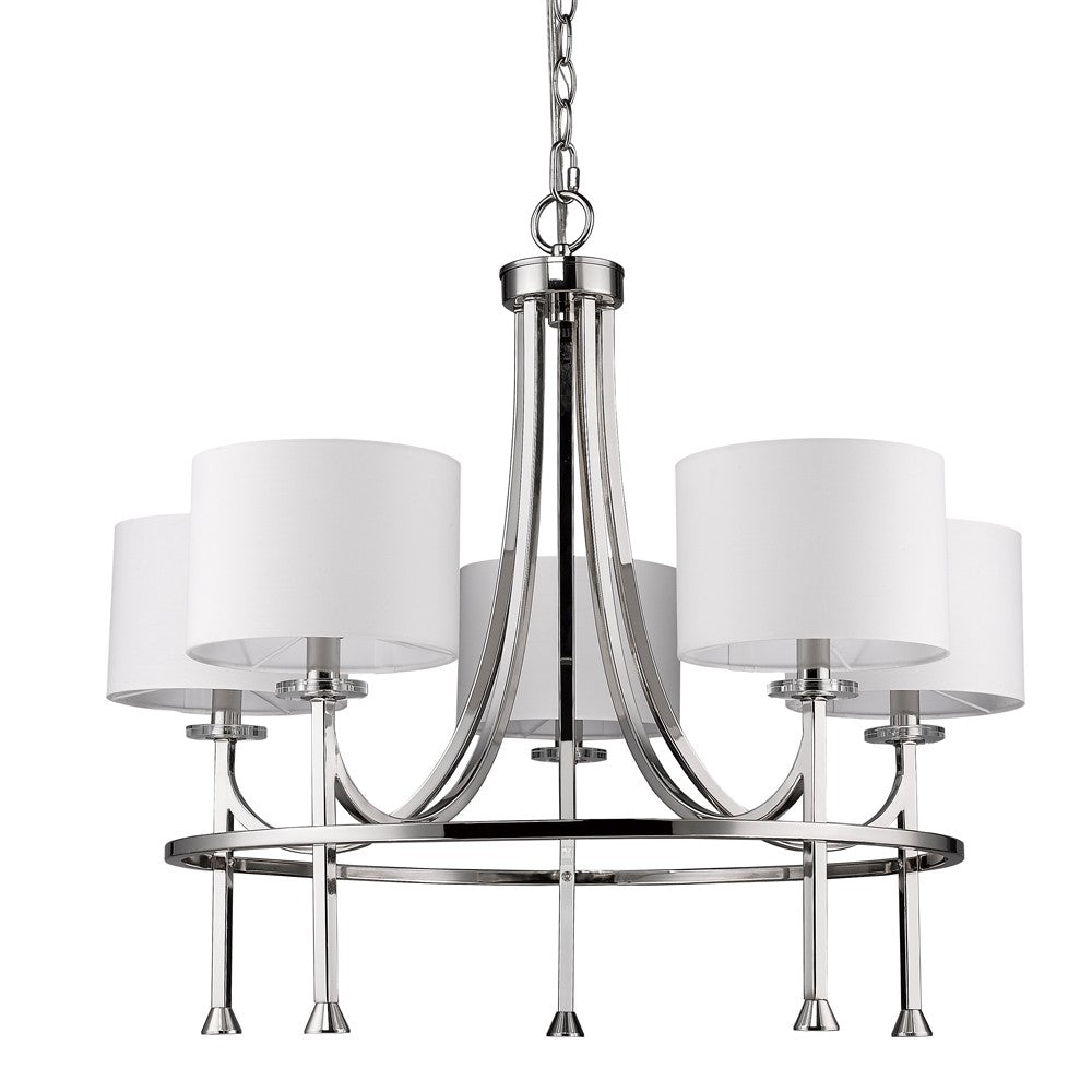 Silver Candle Style Five Light Metal and Crystals Dimmable Chandelier With White Shades