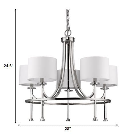 Silver Candle Style Five Light Metal and Crystals Dimmable Chandelier With White Shades