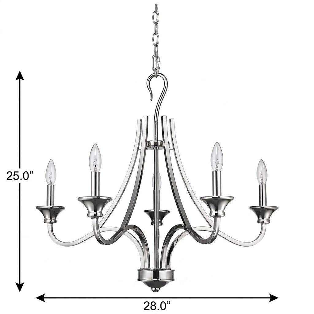 Nickel Candle Style Five Light Metal Dimmable Chandelier