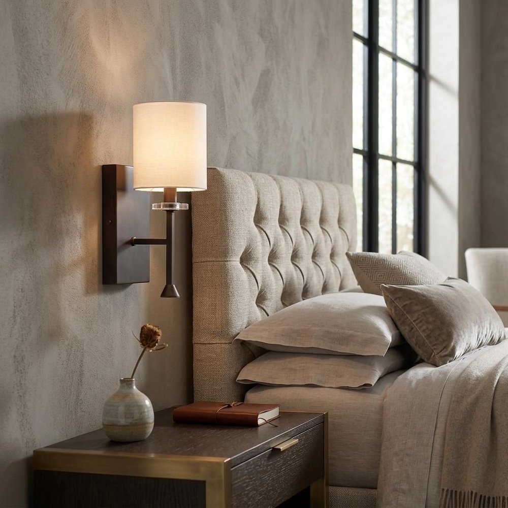 Minimalist Bronze Wall Sconce with Fabric Shade