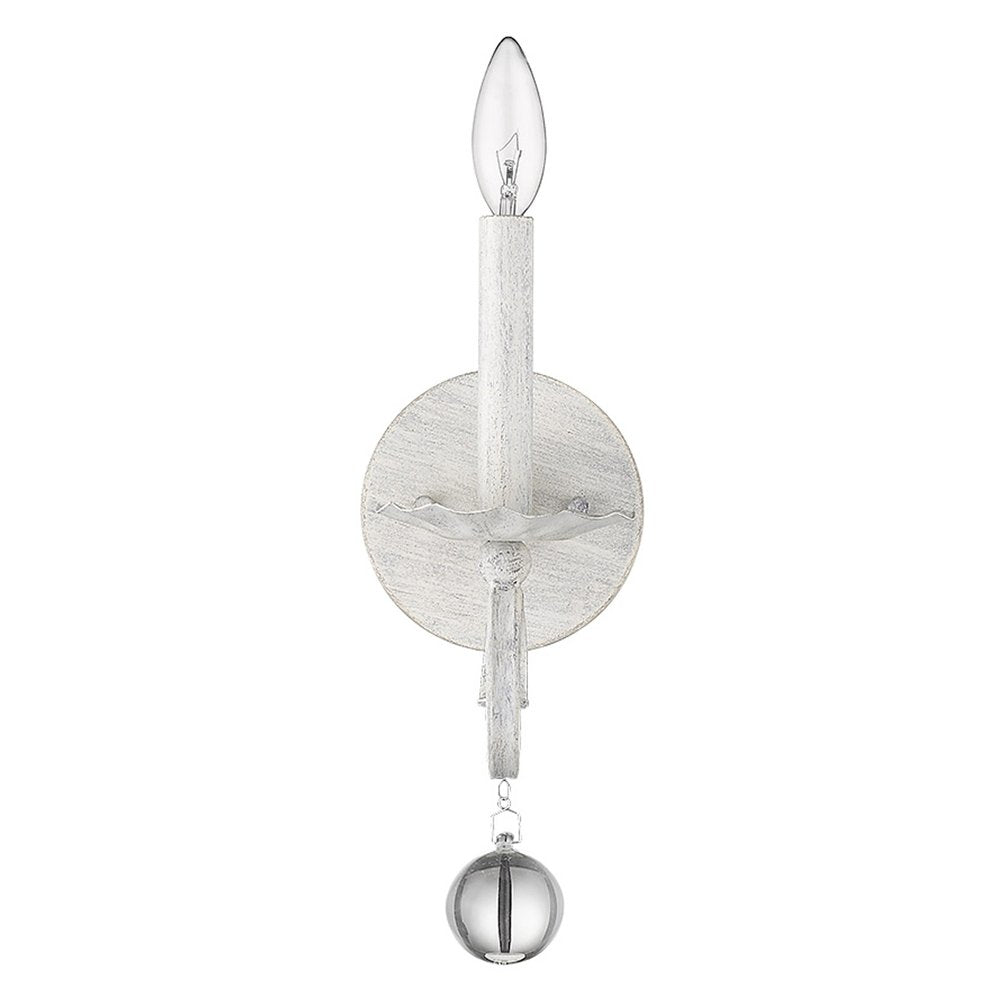 12" Off White Rustic Metal Candle Wall Light With Hanging Crystal