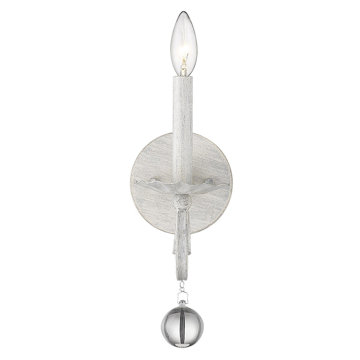 12" Off White Rustic Metal Candle Wall Light With Hanging Crystal