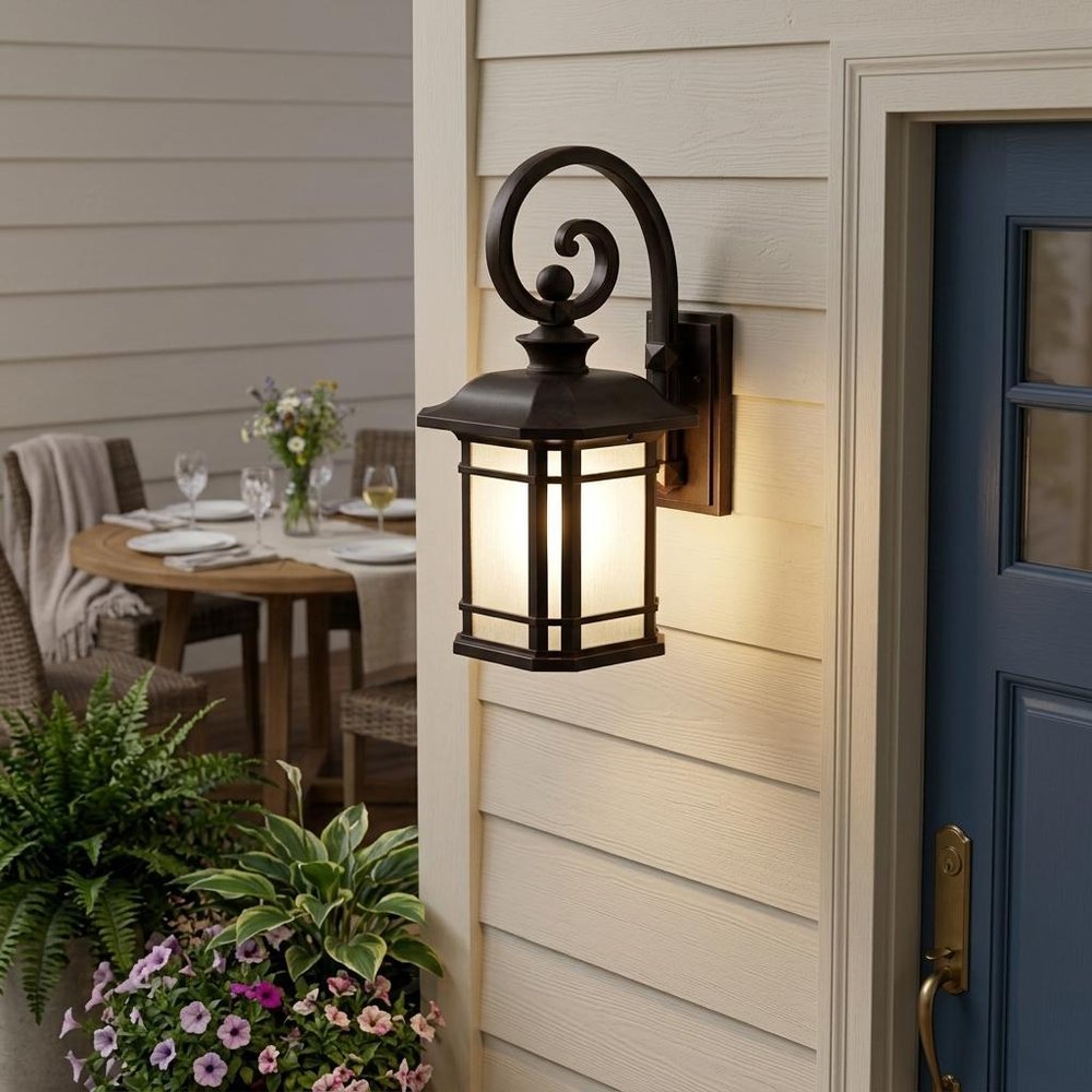 XL Antique Bronze Frosted Linen Glass Lantern Wall Light
