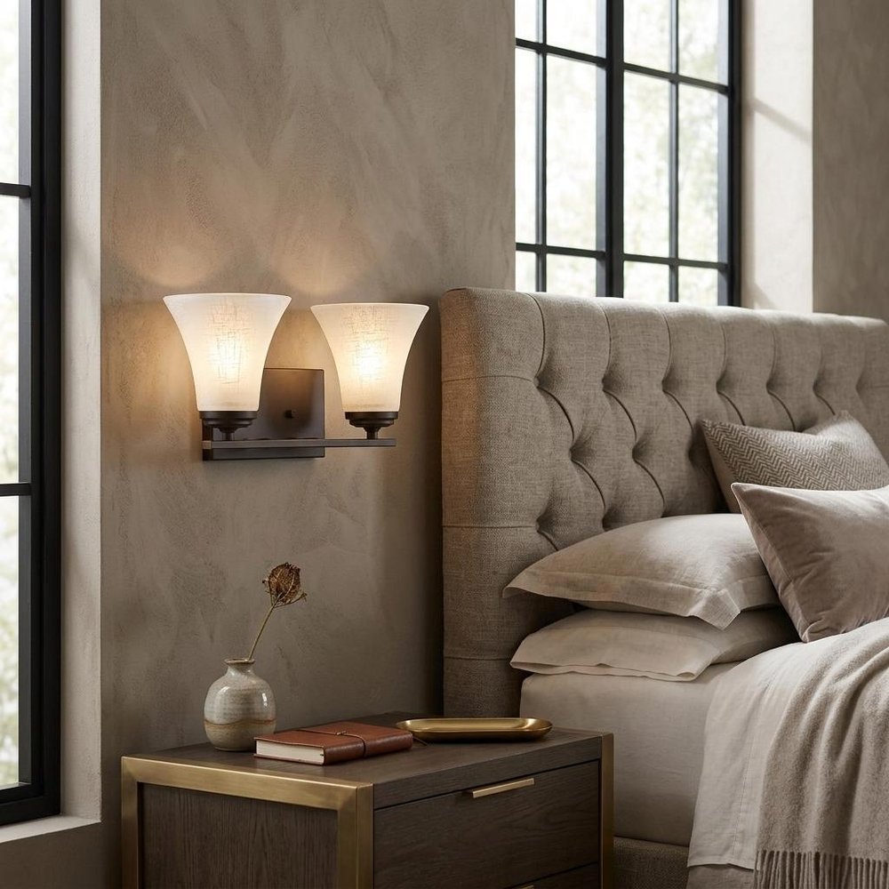 8" Antiqued Bronze Metal and Glass Two Light Flush Mount Wall Light