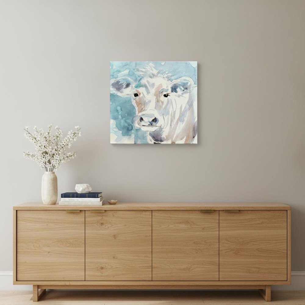 20" x 20" Blue Pastel Watercolor Cow Unframed Canvas Wall Art